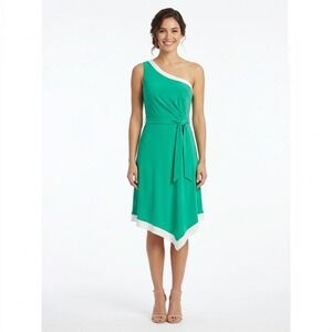 New York & Company Green One Shoulder Handkerchief Hem Midi Dress Med Boho New